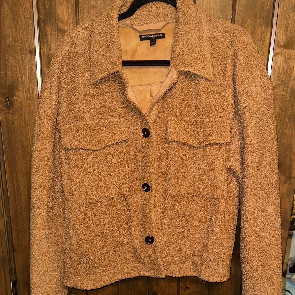 Banana Republic Teddy Jacket Women XL Brown Like New Cozy Faux Fur Button Up